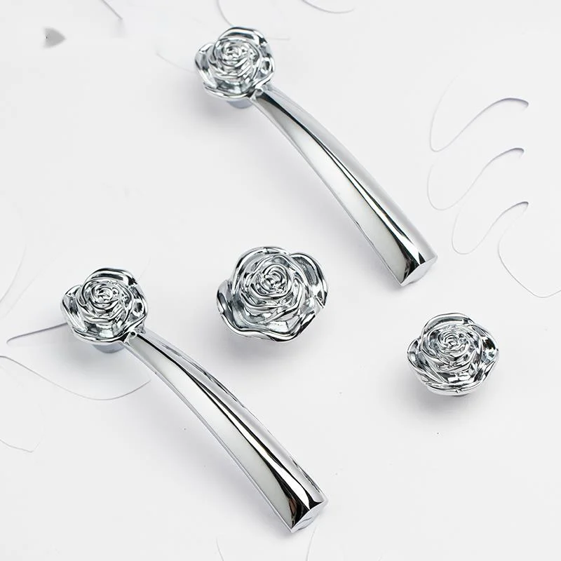 Rose Shape Solid Brass American Silver Rose Knob French Cabinet Handle Bright Chrome Wardrobe Door Handle Furniture Hardware