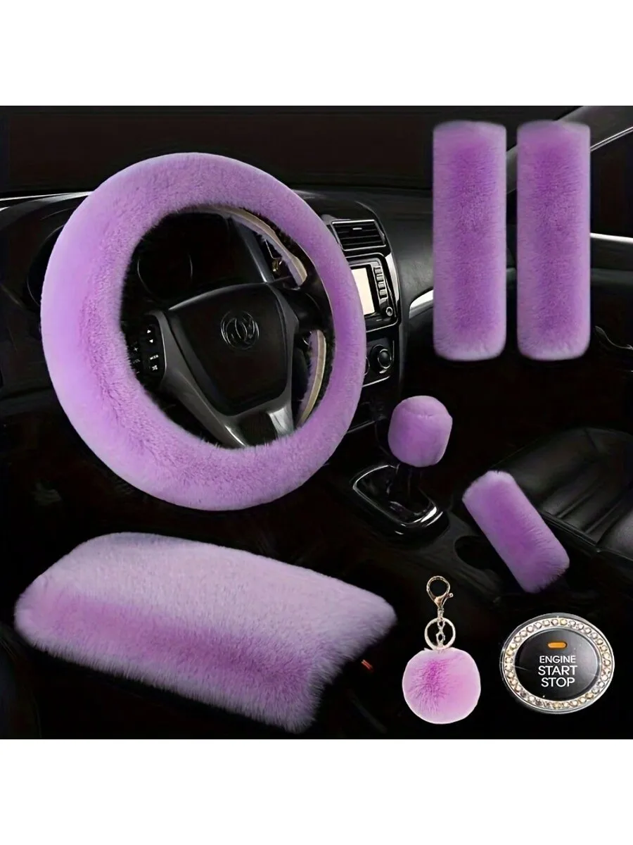 

8pcs Purple Plush Car Interior Accessories Set Steering Wheel Cover Gear Shift Knob Cover
