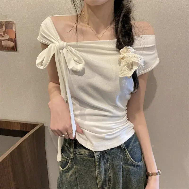 Sexy Bandage Solid Simplicity Off Shoulder Tops New Summer Short Sleeve All-match Korean T Shirts Fashion Trend Women Clothing