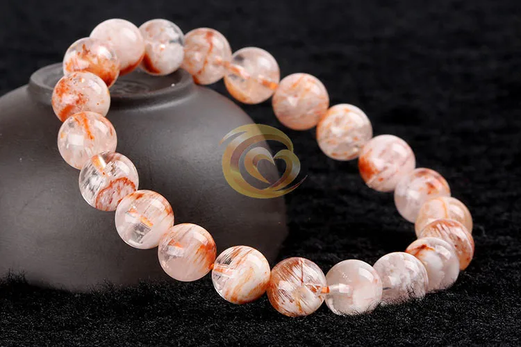 Natural Orange White Sericite Rutilated Snow Phantom Quartz Bracelet Crystal Clear Round Beads Bracelet 9mm 10mm AAAAA