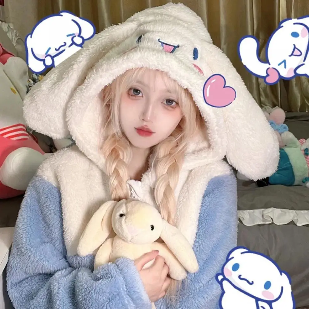 Cinnamoroll 2Pcs Women\'s Plush Pajamas Suit Kawaii Sanrioed Winter Hooded Home Clothes Cartoon Thickened Homewear Soft Girls