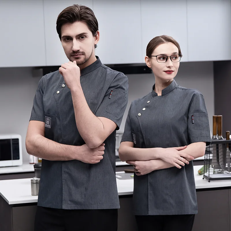 Uniforme de Chef respirável para homens e mulheres, mangas curtas, camisa de Chef preto e branco, jaqueta de cozinha, avental