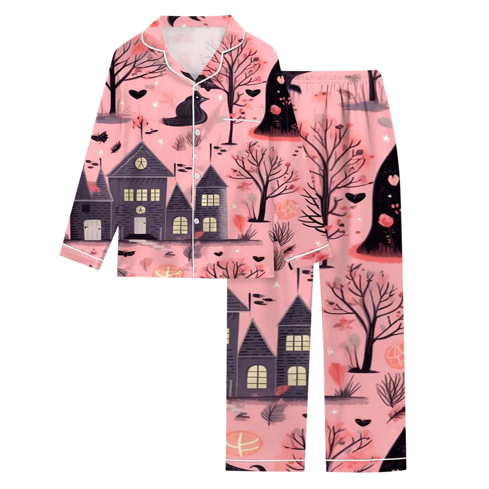 Women Halloween Satin Pajama Set Ghost Pumpkin Print Long Sleeve Button Closure Top with Pants 2 Pieces Sleepwear Loungewear