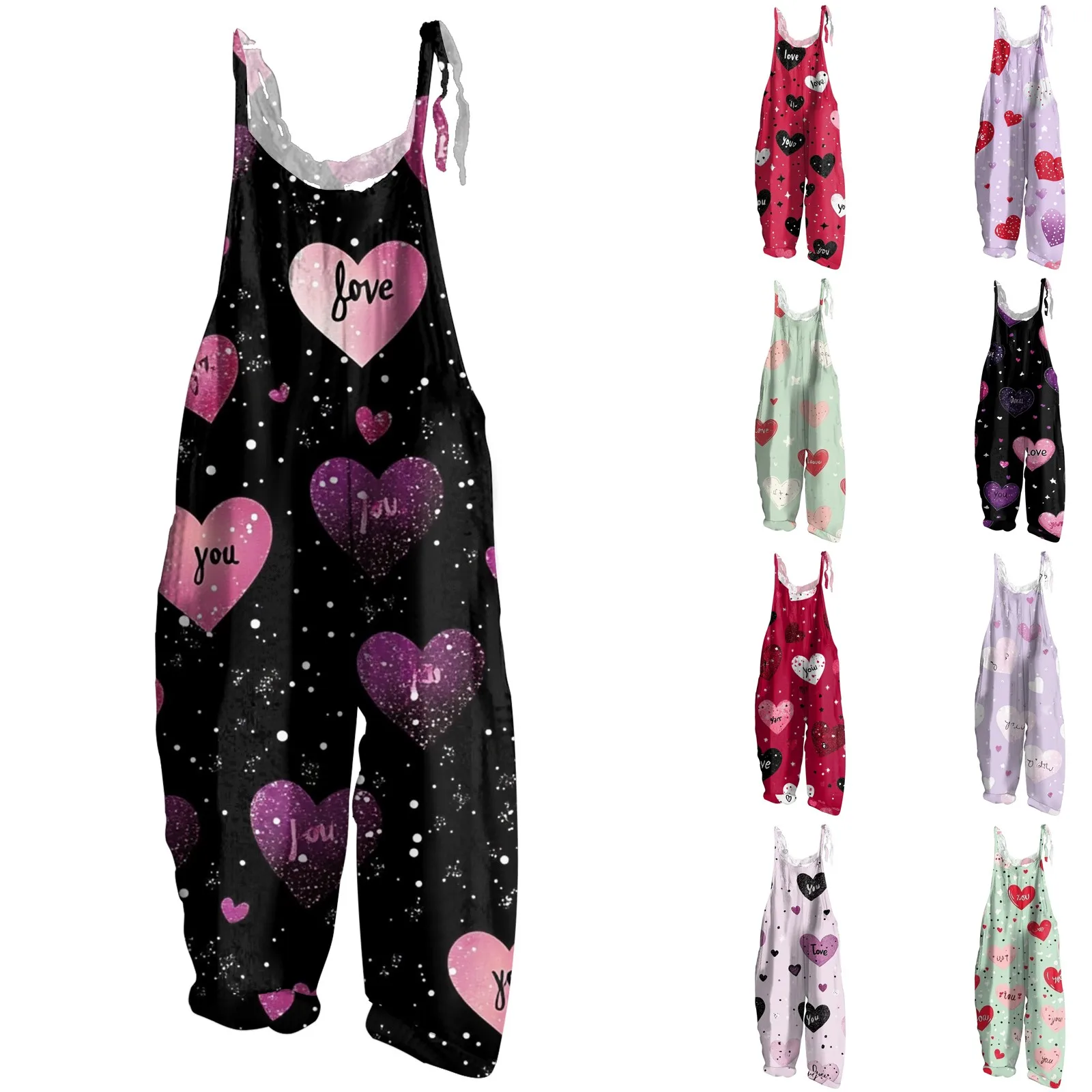 Valentine'S Day Limited Edition Overalls Women'S Casual Jumpsuit Valentine'S Day Heart-Shaped Printed Cotton Jumpsuit Ropa Mujer