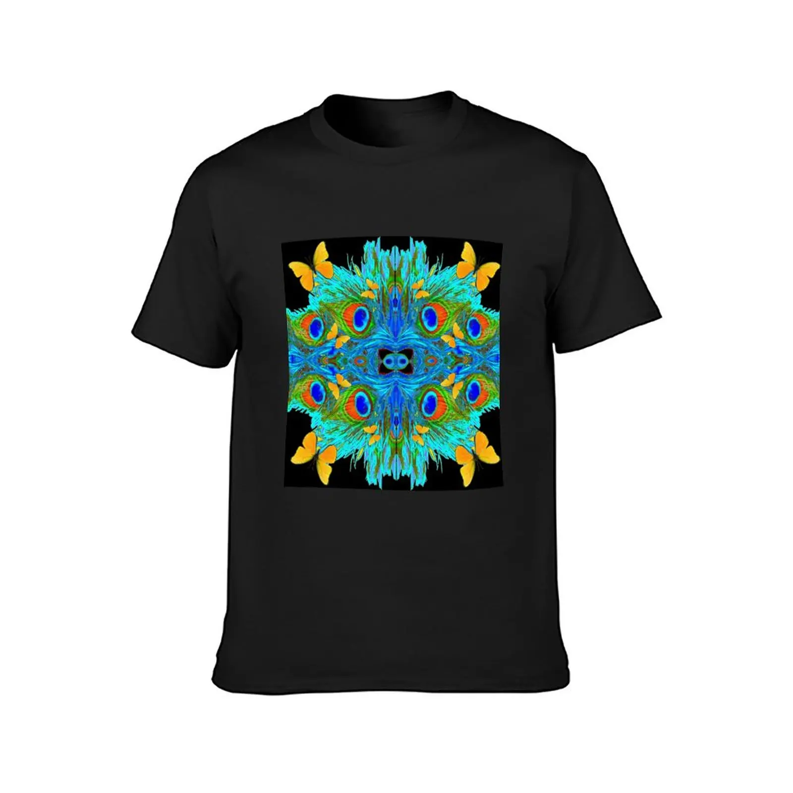 BLACK ART TURQUOISE PEACOCK FEATHERS YELLOW BUTTERFLIES T-shirt anime clothes cute tops designer t shirt men