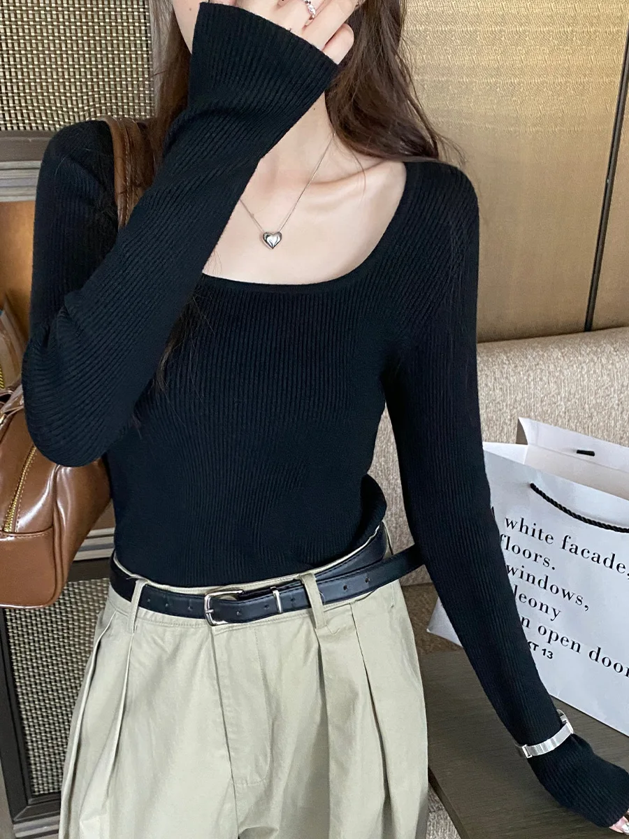 Fashion Long Sleeve Square Collar Knit Sweater Women Pullovers Black Knitted Sweater Pullover Women Tops Sweaters Knitwears M534