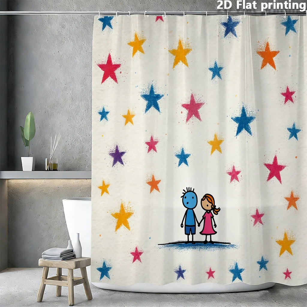 

Whimsical Star Pattern Shower Curtain Cute Cartoon Couple Design Fun Bathroom Decor Waterproof Shower Liner for Home