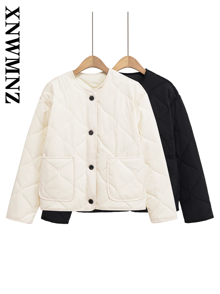 

XNWMNZ 2025 осенняя женская простая модная куртка с круглым воротником и длинными рукавами, повседневное женское винтажное теплое пальто свободного покроя