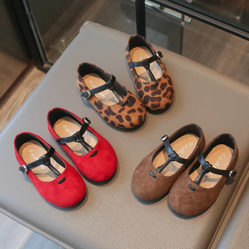 Toddler Girls Animal Print Leather Shoes 2026 New Autumn Kids T-strap Dress Shoes Soft Sole Classic Retro School Party Wedding