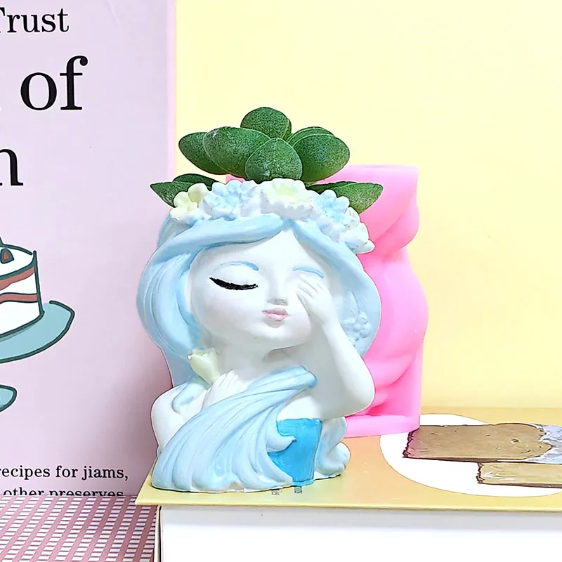 Flower Wreath Blindfolded Girl Flower Pot Silicone Mold DIY Cement Plaster Succulent Planter Mold Closed-Eyed Long-Haired Girl Vase Handmade Casting Mold