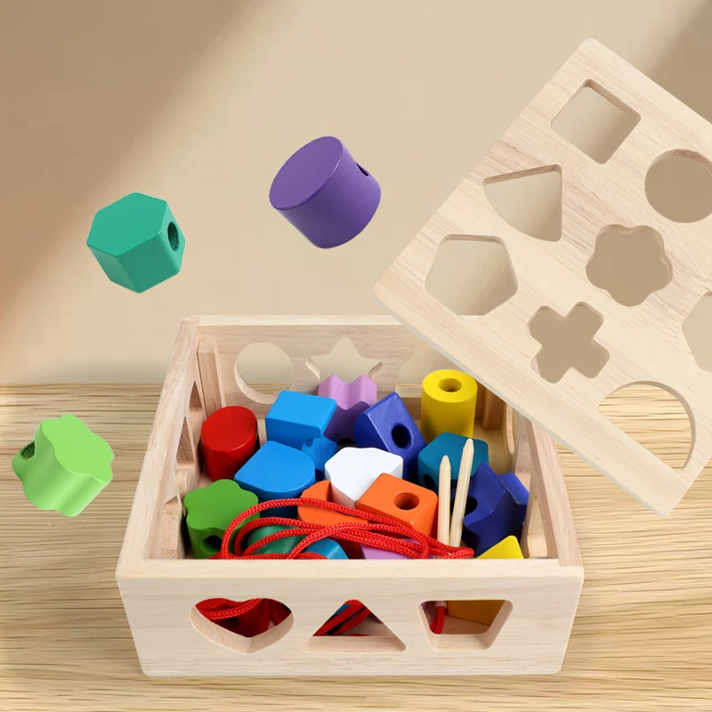 

Montessori Wooden 16/21 Holes Shaped Beads Block Box Cognition Blocks Matching Sorting Game Early Educational Toys Kids' Gifts