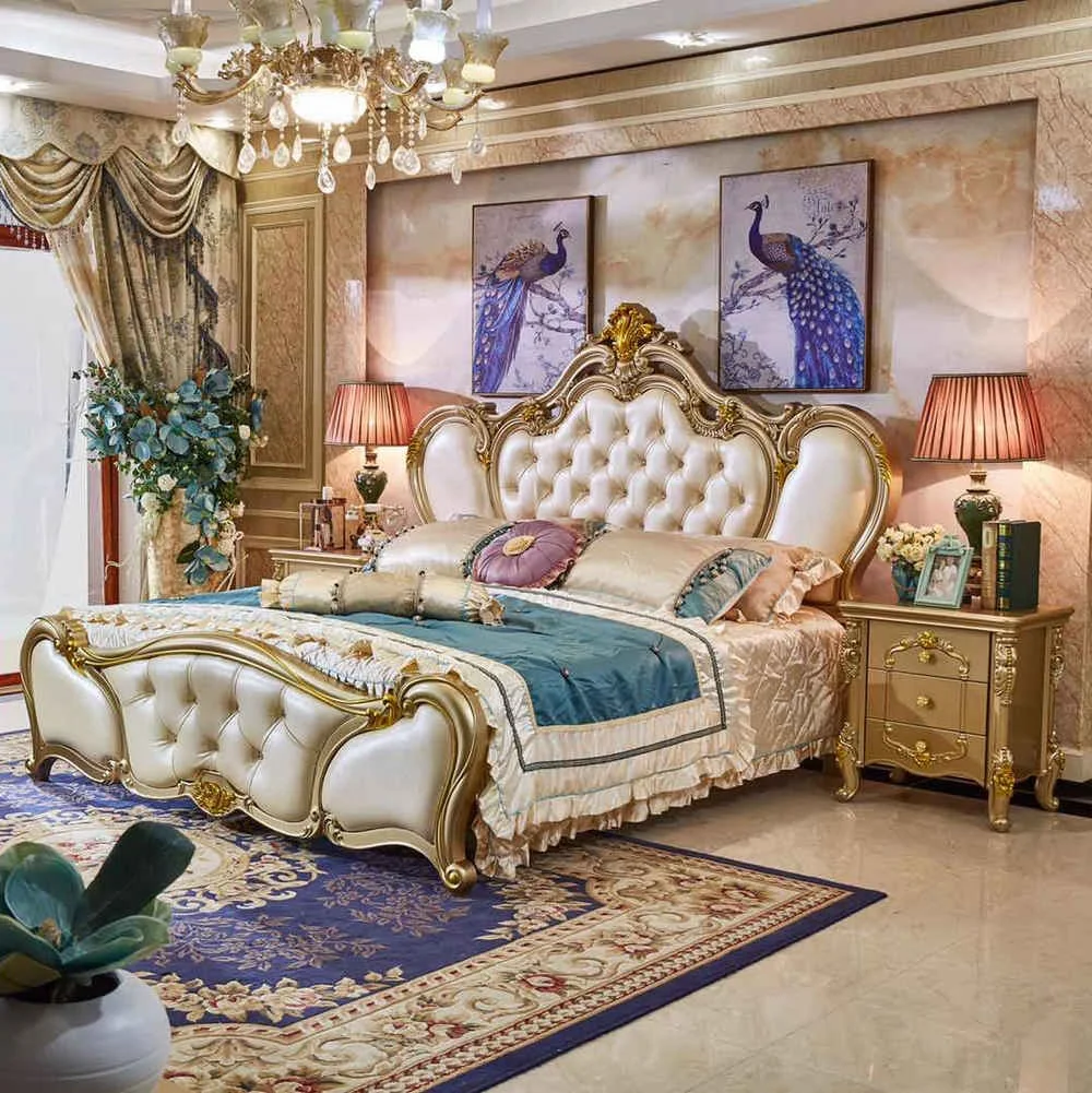 Luxury Champagne Gold Carved French Royal Leather Bed King Size Bedroom Sets For Home Furniture For Apartments