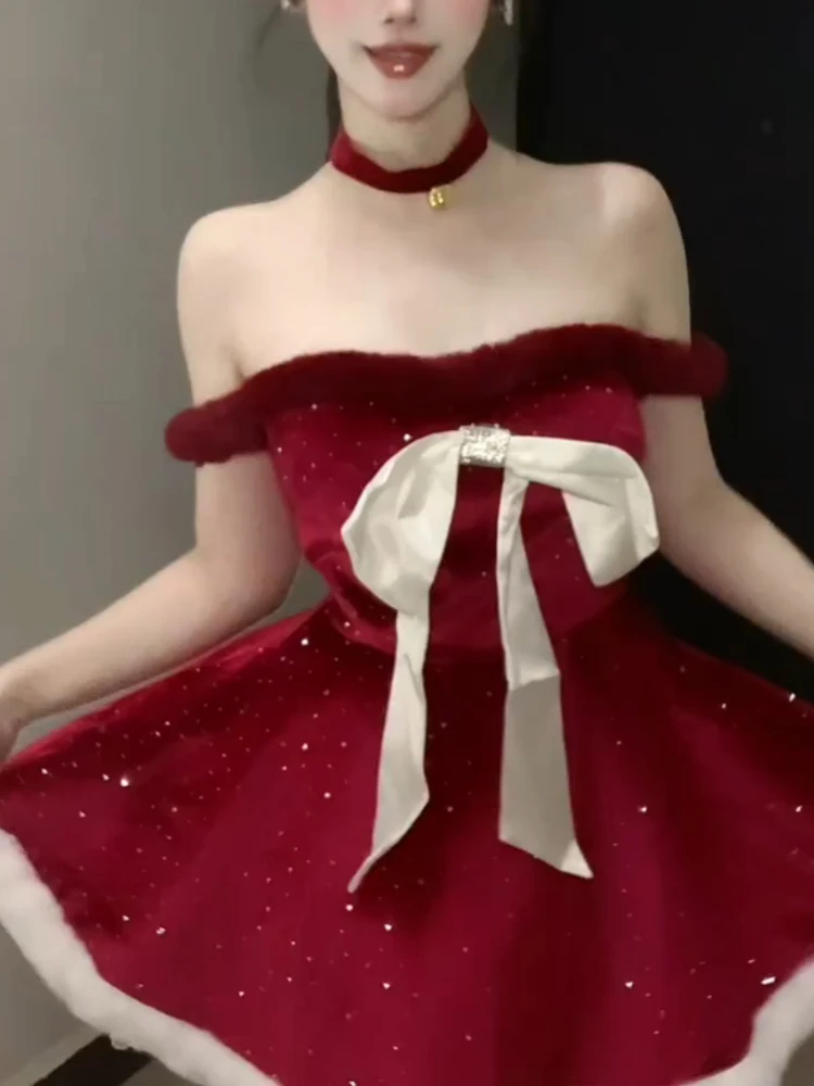 Harajuku Christmas Sexy Off Shoulder Dress Women Red Velvet Bow Trim Mini Party Dress Fashion Cute Sweet Holiday Stylish Outfit