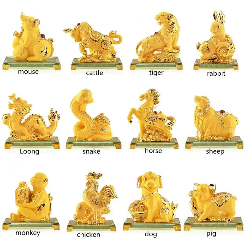 12 Chinese Zodiac Signs， Decorative Figurines ，golden， Living Room， Feng Shui ，Recruit Money， Desk Decoration ，Artwork Ornaments