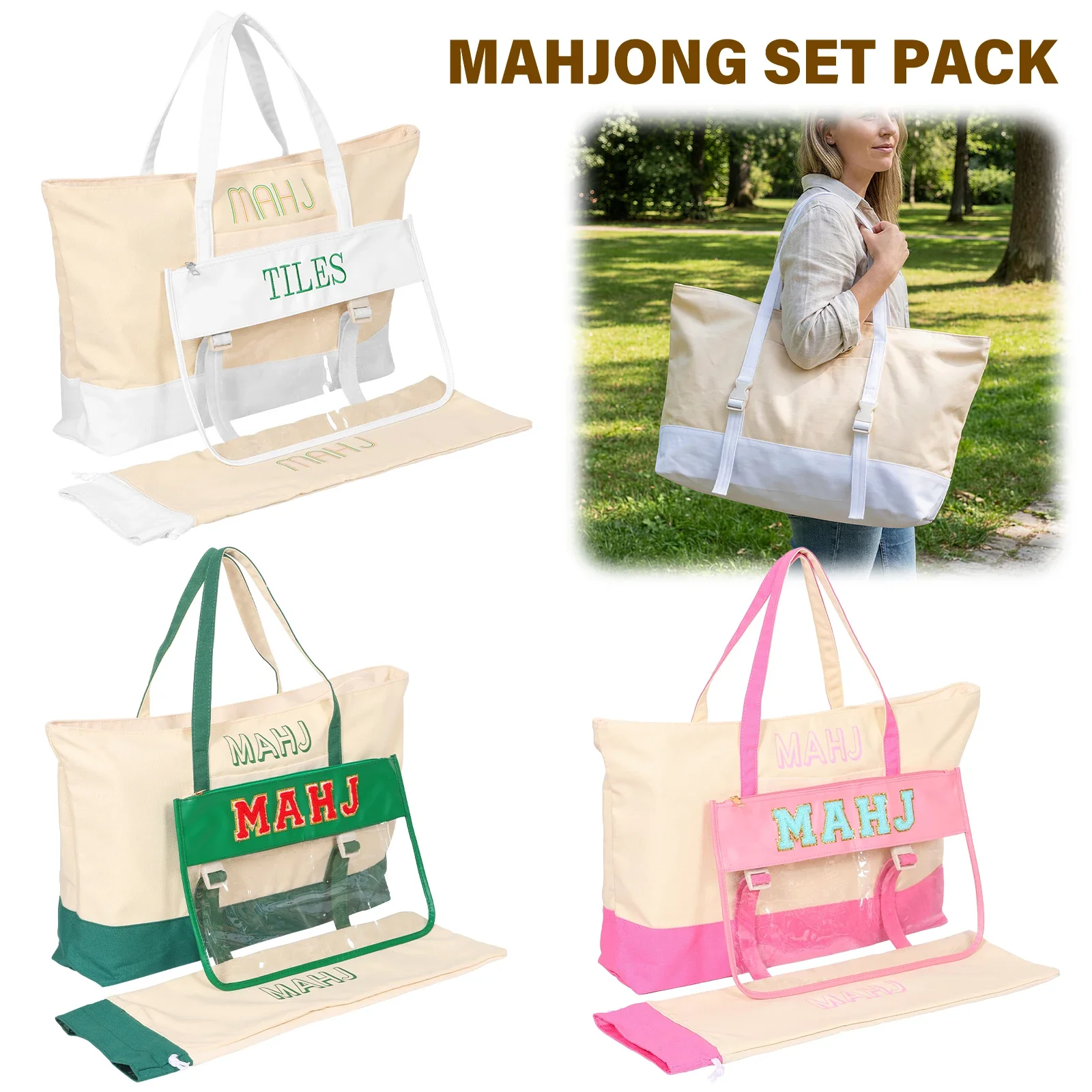 Portable Mahjong Tote Bag with Tile and Pusher Rack Holder Large Capacity Empty Canvas Storage Carrying Bag for Camping Travel