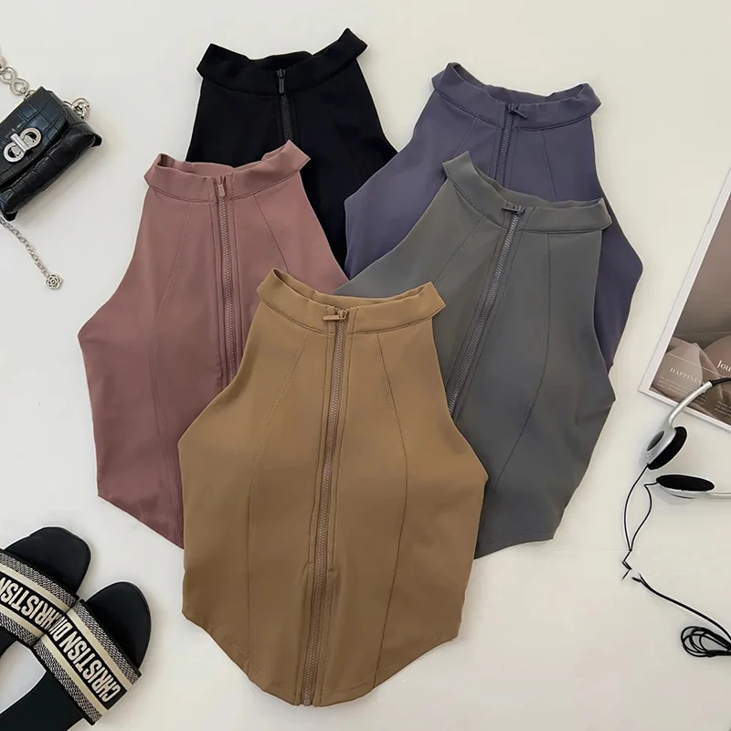 Slim Yoga Vest for Women Fashion Zipper Sleeveless with Chest Pad Running Fitness Clothing Bare Sensation Weight Loss Sportswear