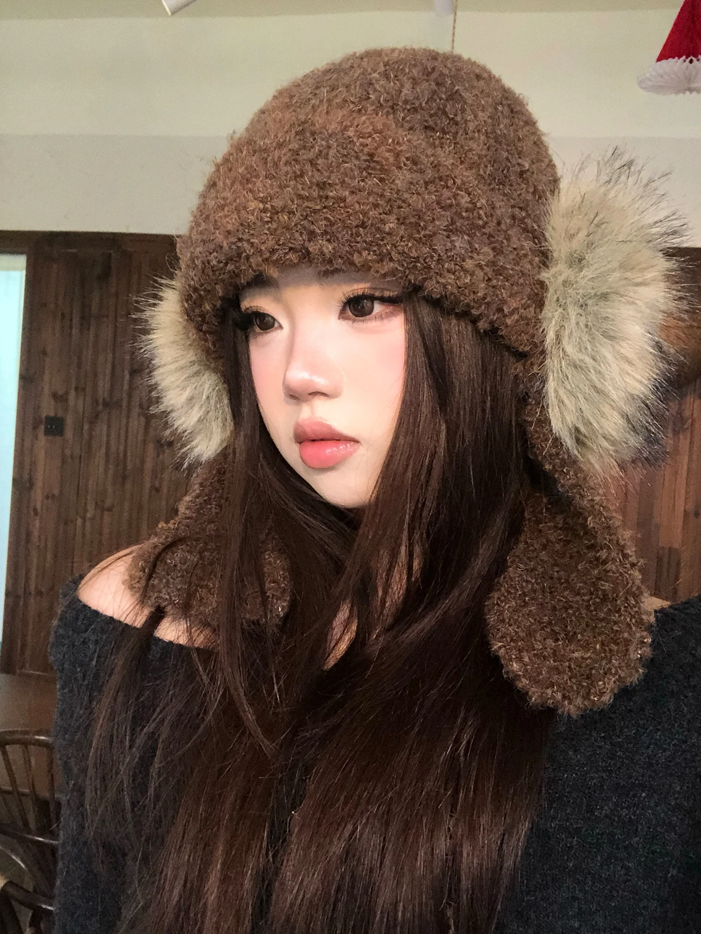 Warm Knitted Furry Ear Muff Hat Women's Autumn Winter Fashionable Small Style Cap round Top Non-Folding Chinese Made