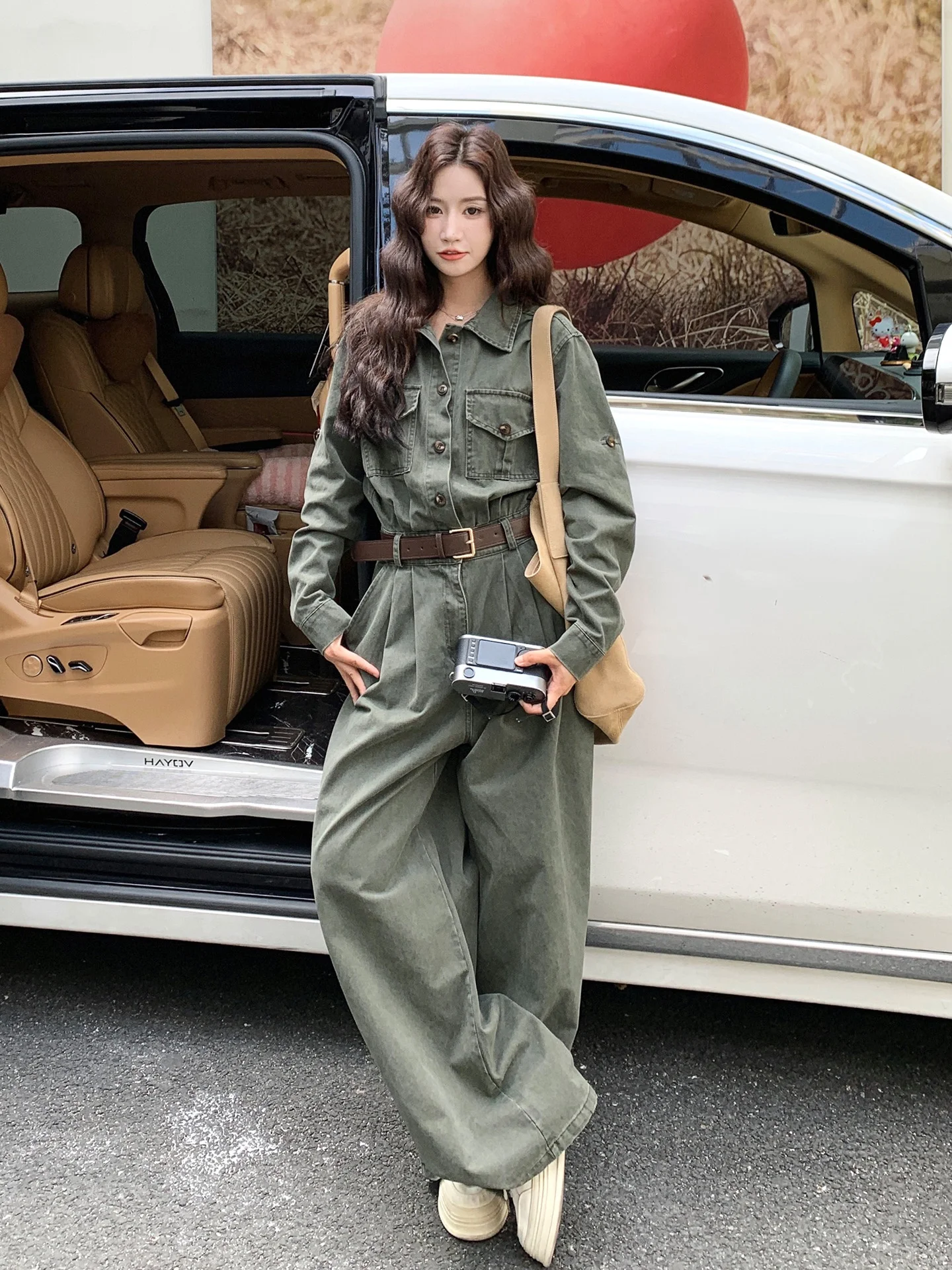 

Military een Lazy Cool Workwear Jumpsuit Women's Loose Faionable High Waist Long Pants Polyester Fiber Straight Leg Jumpsuit