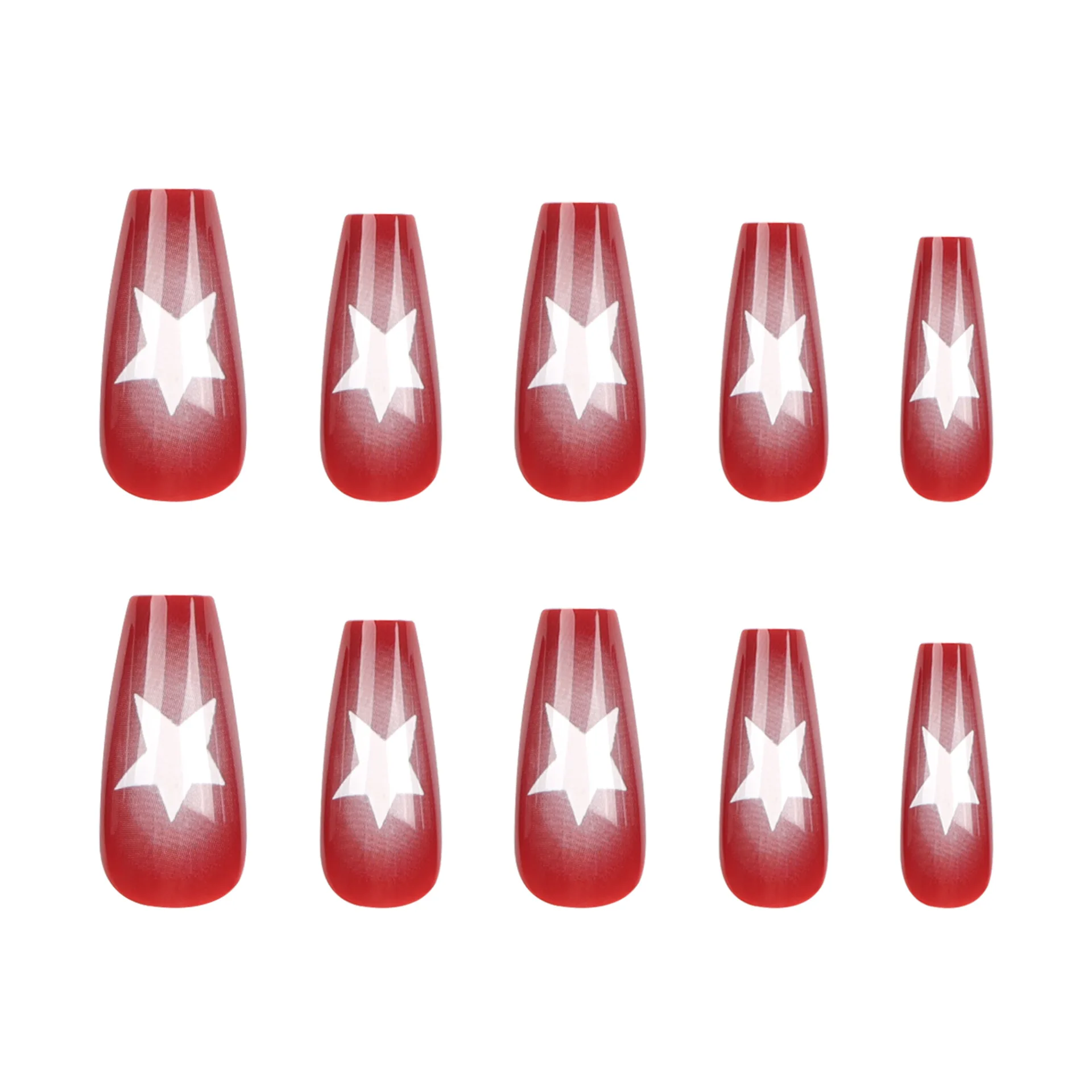 Imprensa vermelha em unhas falsas para mulheres, caixão médio, Cola nas unhas com design de estrela branca, Capa completa, Fal de acrílico artificial, Vermelho, Y2K