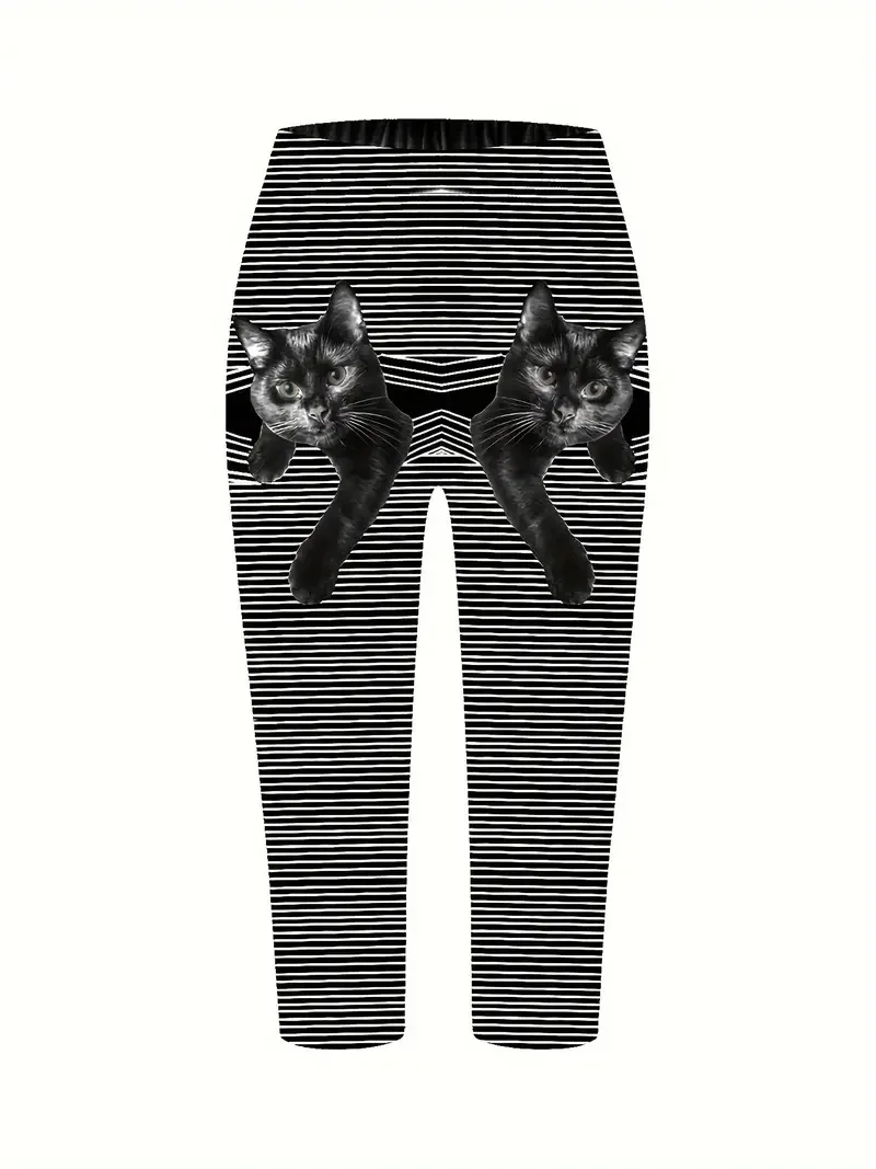 Personalized kitten print stretch slim-fit elastic waist tight casual leggings capri pants for women