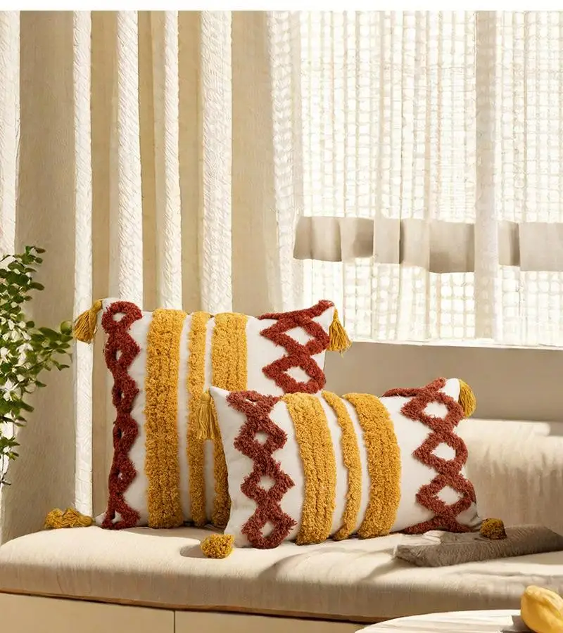 Bohemian-Stickerei-Kissenbezug 45x45 cm, geometrisches Jacquard-Muster, orange, Canvas-Kissenhülle, dekorativ für Zuhause, Sofa – Detail 4