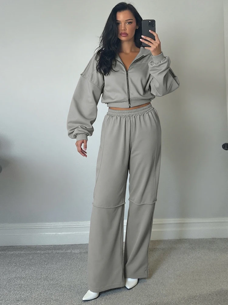 kliou Casual Fall Women 2 Piece Set Classic Solid Sporty Basic Zip-up Hood Coats+Straight Loose Pants Female Matching Tracksuits