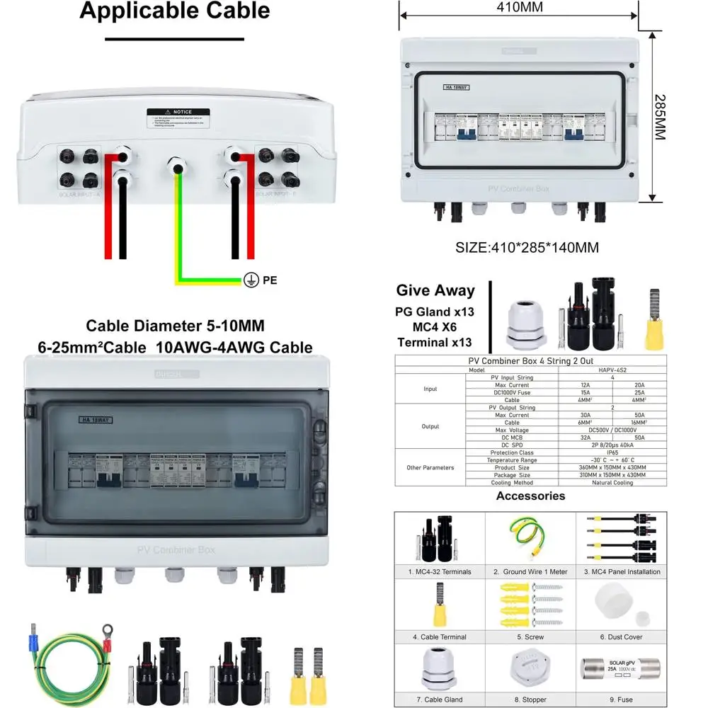 

Комбинировочный блок для солнечных панелей 4-в-2 с защитой от перенапряжения 25А 500В DC, подходит для 4 массивов и 2 инверторов