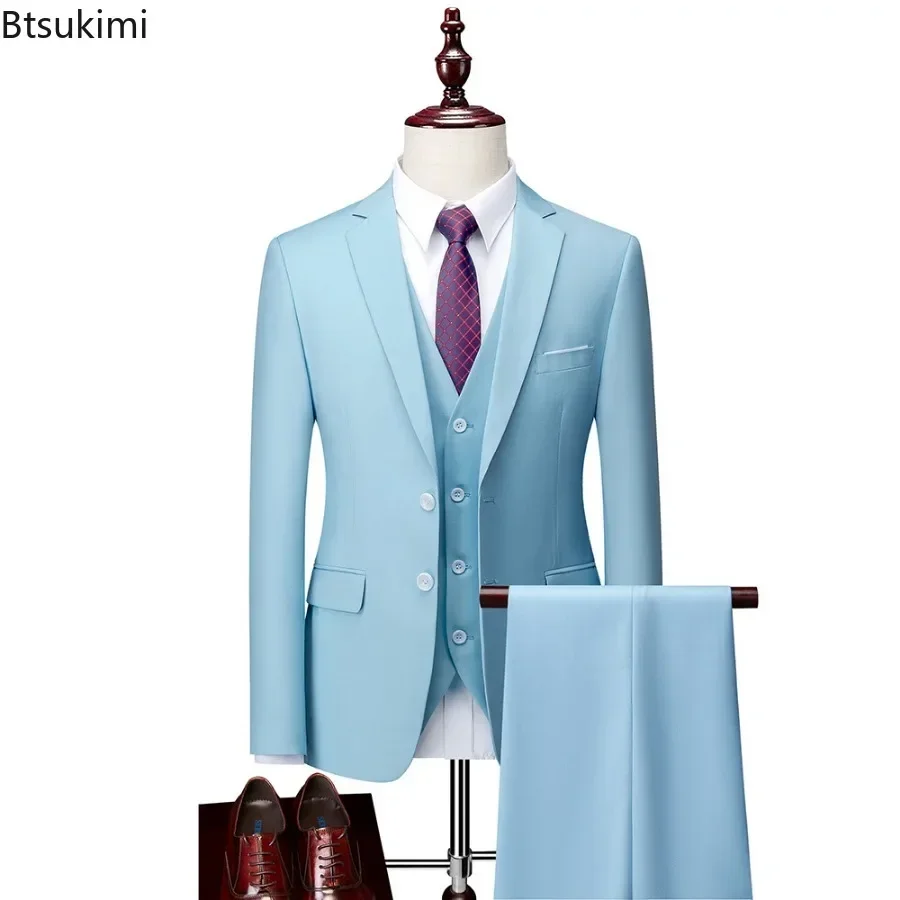 New Men Suit 2025 High Quality Casual Business Suit Two-piece Men Solid Slim Banquet Wedding Blazers Sets Multi-color Large Size