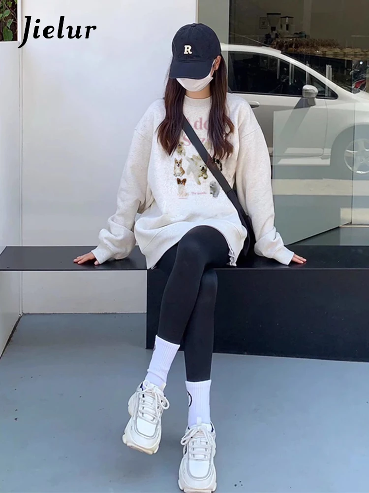 

Jielur Apricot Casual Lovely Printing Women Hoodies Classic O-neck Street Winter Fashion Solid Color Chic Loose Female Hoodies