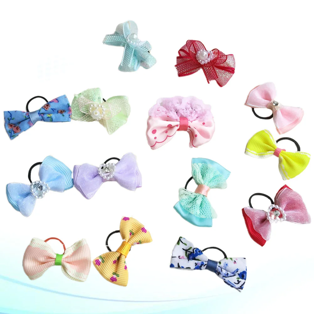 20 Pcs Bows for Hair Ribbons Dog Tie Bowknot Ring Girl Printing Pet Holder Rope