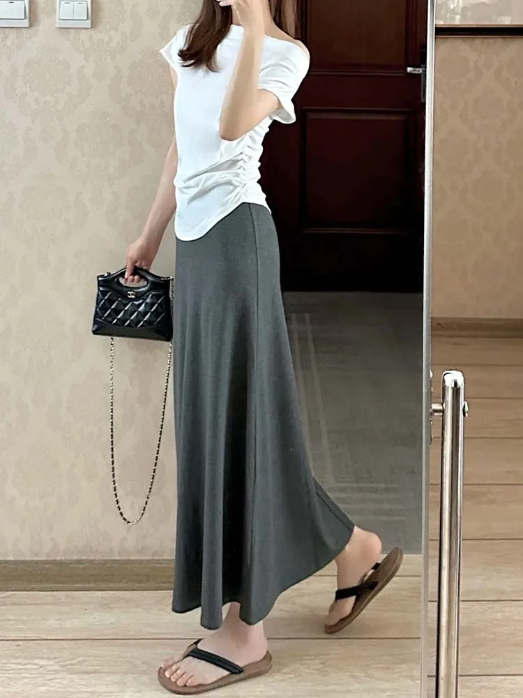 Gonna a trapezio europea leggera di dimensioni estese per donne alte Estate New Sle Versatile drappeggiato a vita alta Taglio dritto