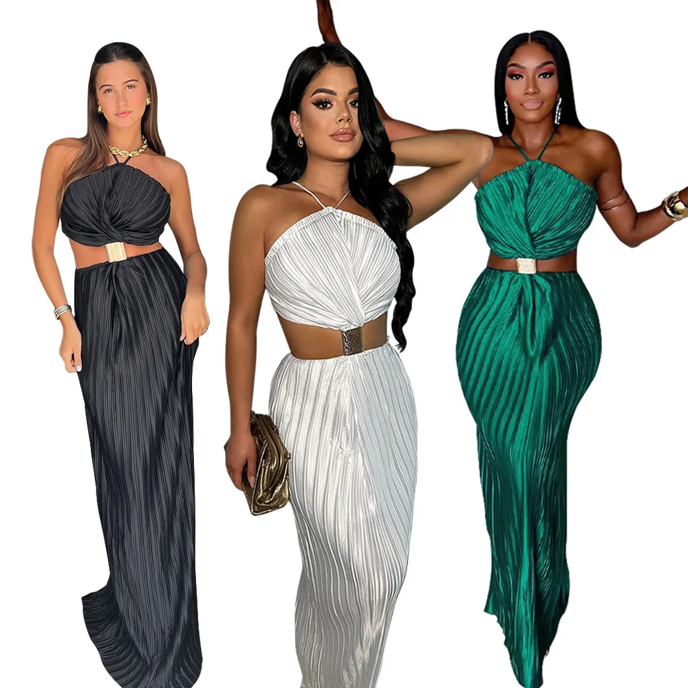

A51 Pleated sexy strappy evening gown with slit back