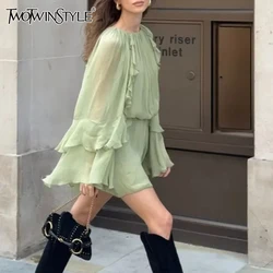 TWOTWINSTYLE Solid Minimalist Mini Dresses For Women Round Neck Long Sleeve High Waist Elegant Dress Female Fashion New Style