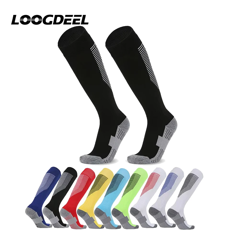 Loogdeel 1 Pair Long Knee Football Socks Children Boys Girls Adult Striped Soccer Socks Towel Bottom Non-Slip Sports Stockings