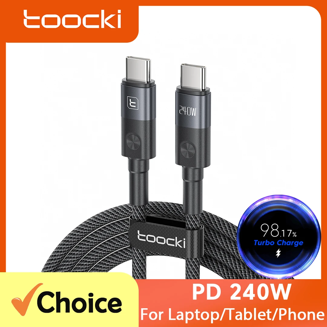 Cabo USB C Toocki PD 240W de Carregamento Ultra Rápido 5A Tipo C com Textura Antiderrapante para Laptop Xiaomi17 iPhone MacBook