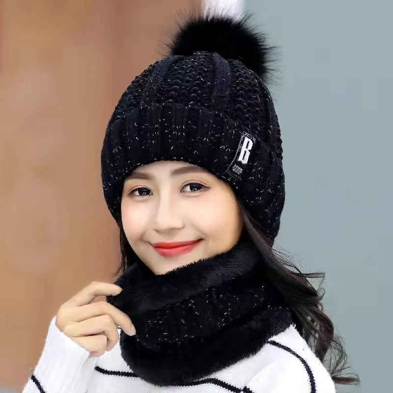 Neck Hat Set Warm Winter Knitted Hat Women Brand High Quality Winter Women Ball Ski Wool Fur Hats Pompoms Hats Knitted Scarf