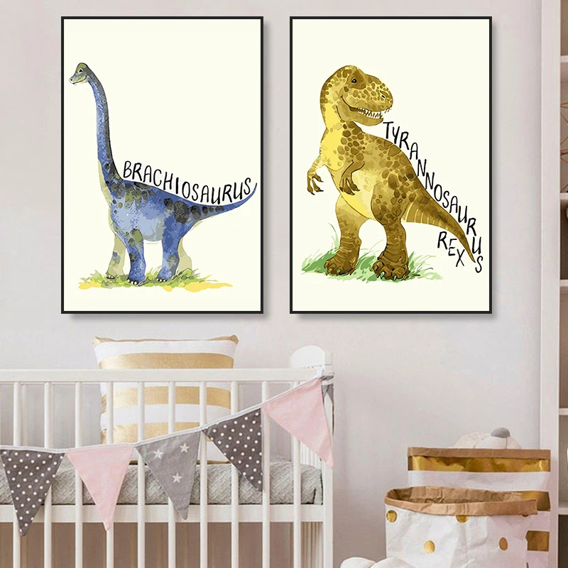 الألوان المائية ديناصور المشارك الحضانة الصبي غرفة ديكور الرسم على لوحات القماش الجدارية الكرتون الحيوان صورة الاطفال غرفة الطفل الديكور #2