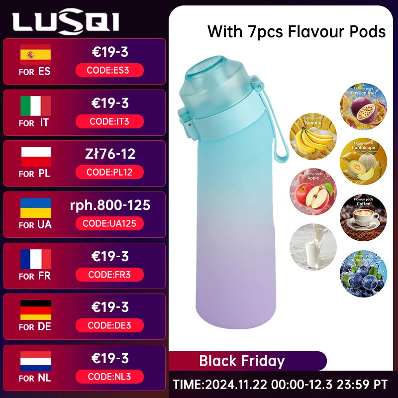 LUSQI Air Flavored Water Bottle With 7 Flavor Pods Sports Fashion Straw Tritan Plastic Cup Suitable for Outdoor Sports Fitness