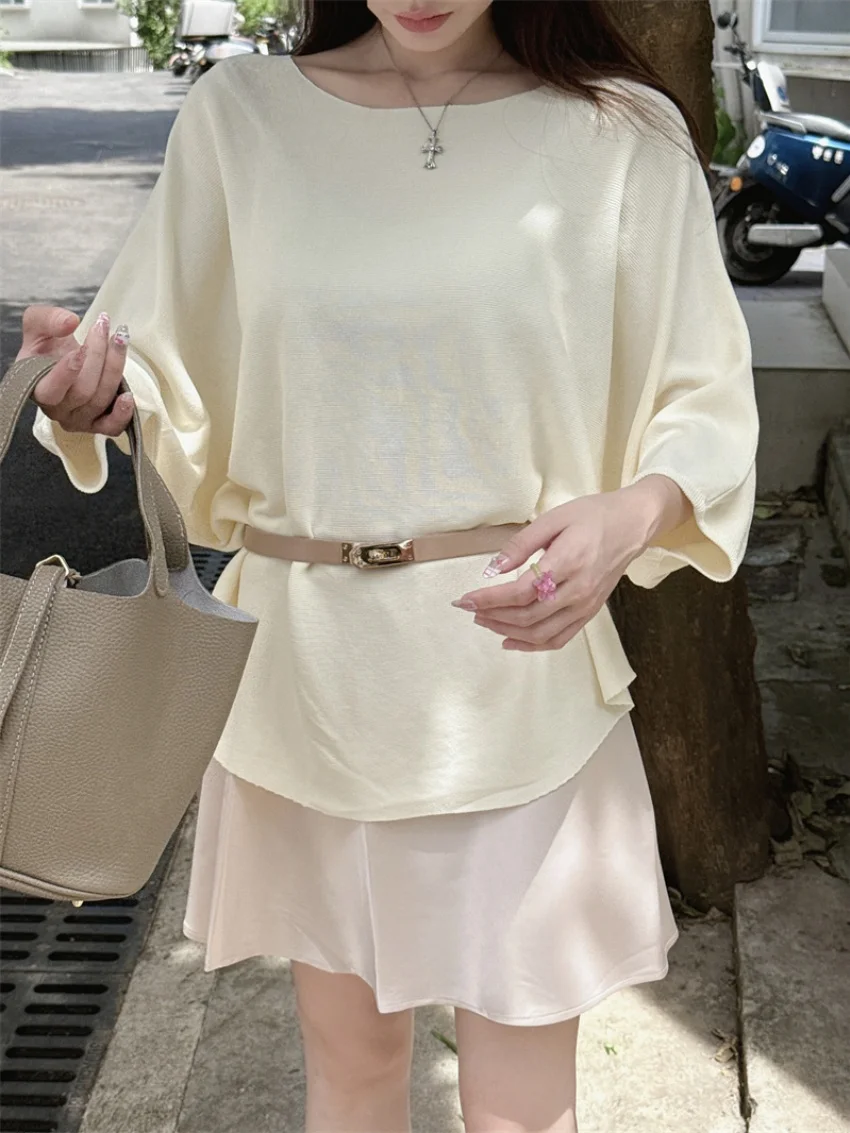 الغريبة كيتي 2025 سترة اليومية تي شيرت المرأة مع وشاحات لطيف جديد البلوفرات الصيف عادية محبوك كم كامل فضفاض تيز #2