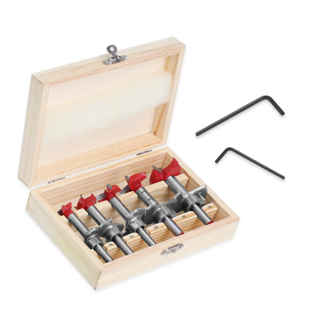 1/5PCS Positioning Hole Saw Kit Adjustable 15-35mm Hinge Hole Opener Woodworking Carbide Drill Bits Set