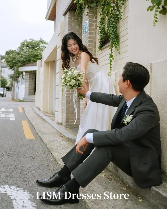 LISM Strapless A-Line Korea Wedding Dresses Simple Silk Satin Customized Elegant Long Bridal Gowns 웨딩드레스 Photo Shoot