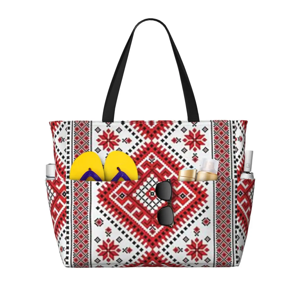 

Bold Colorful Ukraine Style Vyshyvanka Embroidery Bohemian Geometric Beach Tote Bag Duffle Large Tote Bag Travel Bag Fitness bag