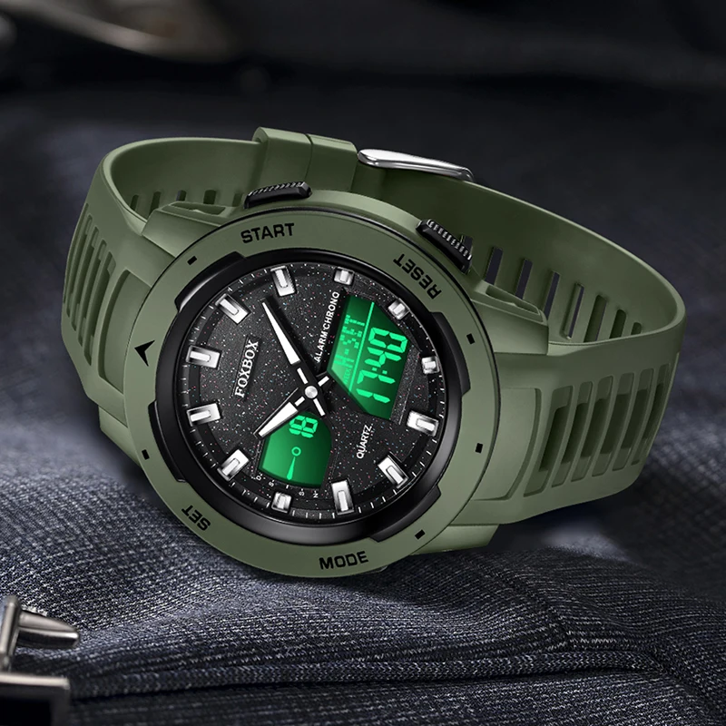 FOXBOX New Men Watch Fashion Military Alarm Stopwatch LED Digital Backlight Dual Time Display Waterproof Watch Men Montre Homme