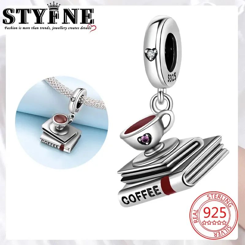 Travel Hobbies 2025 Beads 925 Sterling Silver Brown Love Coffee Cup Double Book Charms for Women's Jewelry DIY Pulseras Gift