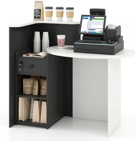 Reception Desk, Front Counter Desk with Lockable Drawer, Checkout Table with Round Tabletop, Corner Shelf & Adjustable