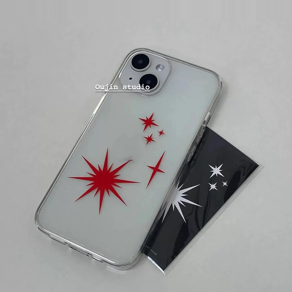 Ins Korean Cool Red Stars Phone Case For Samsung S26 S25 S24 S23 S22 S21 S20 FE Note20 Note10 Plus Ultra Lite Edge5G Clear Cover