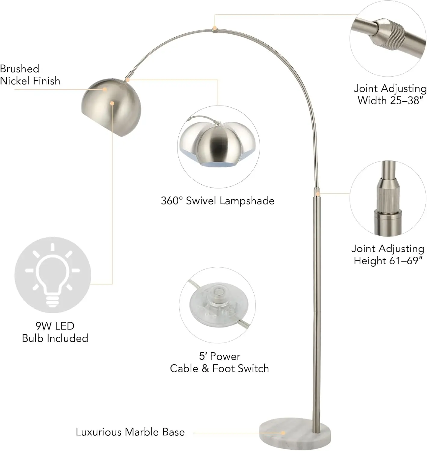 

Floor Lamp for Living Room, Brushed Nickel Arc Floor Lamp with LED Bulb,Marble Base Contemporary Tall Lamp, Height Up to 69 Inch