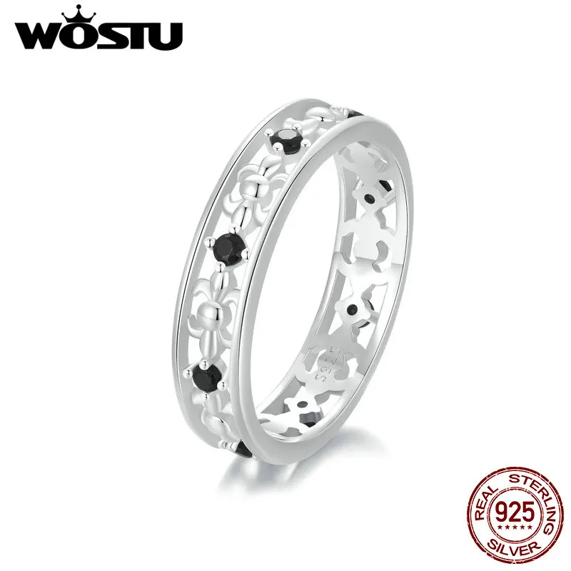 WOSTU Real 925 Sterling Silver Black Zircon Hollowed Iris Flower Ring For Women Stackable Pary Rings Jewelry Gift