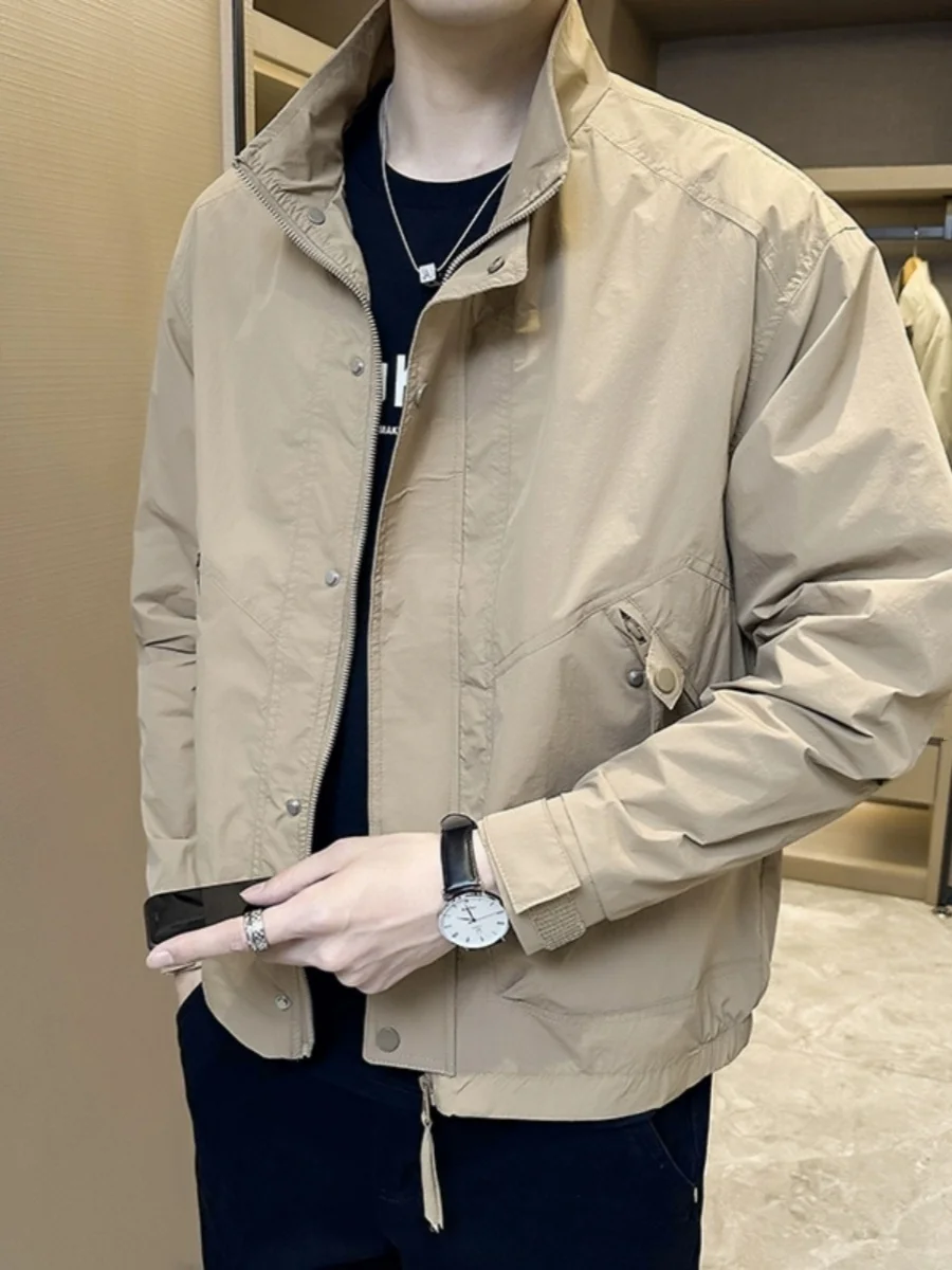 

Весенне-осенний новый облегающий однотонный джет для мужчин с воротником-стойкой, тонкая модная универсальная верхняя одежда, молодежный тренд