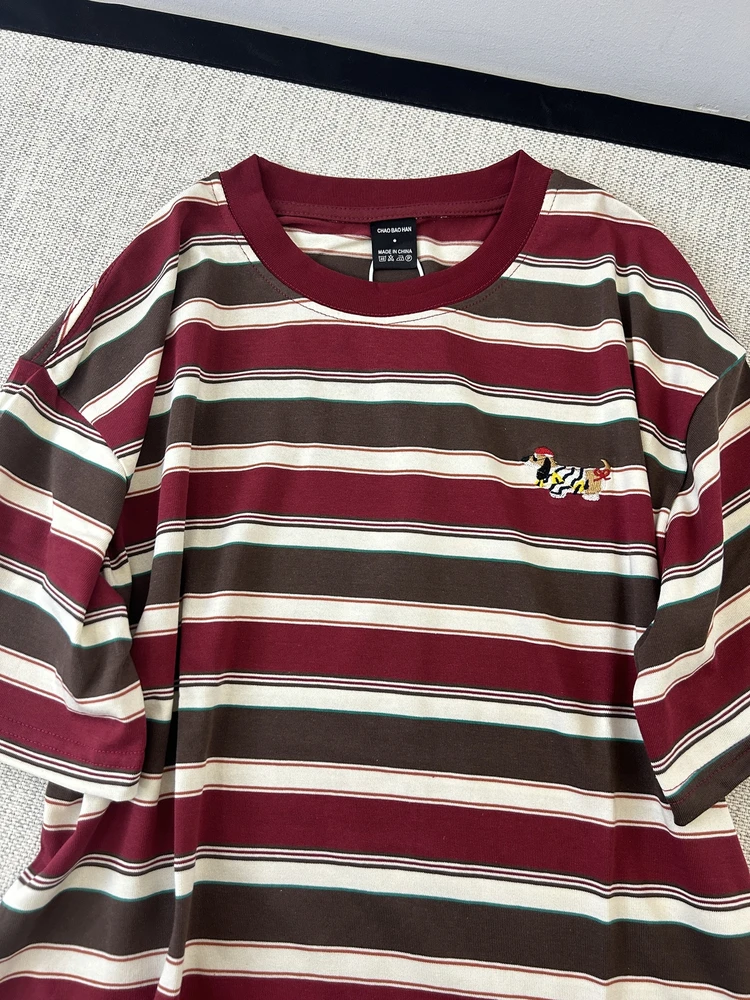 

Retro American Embroidered Striped ort Sve T-irt Loose Fit ex Summer Lazy Sle Top Breathable Cotton Casual Wear